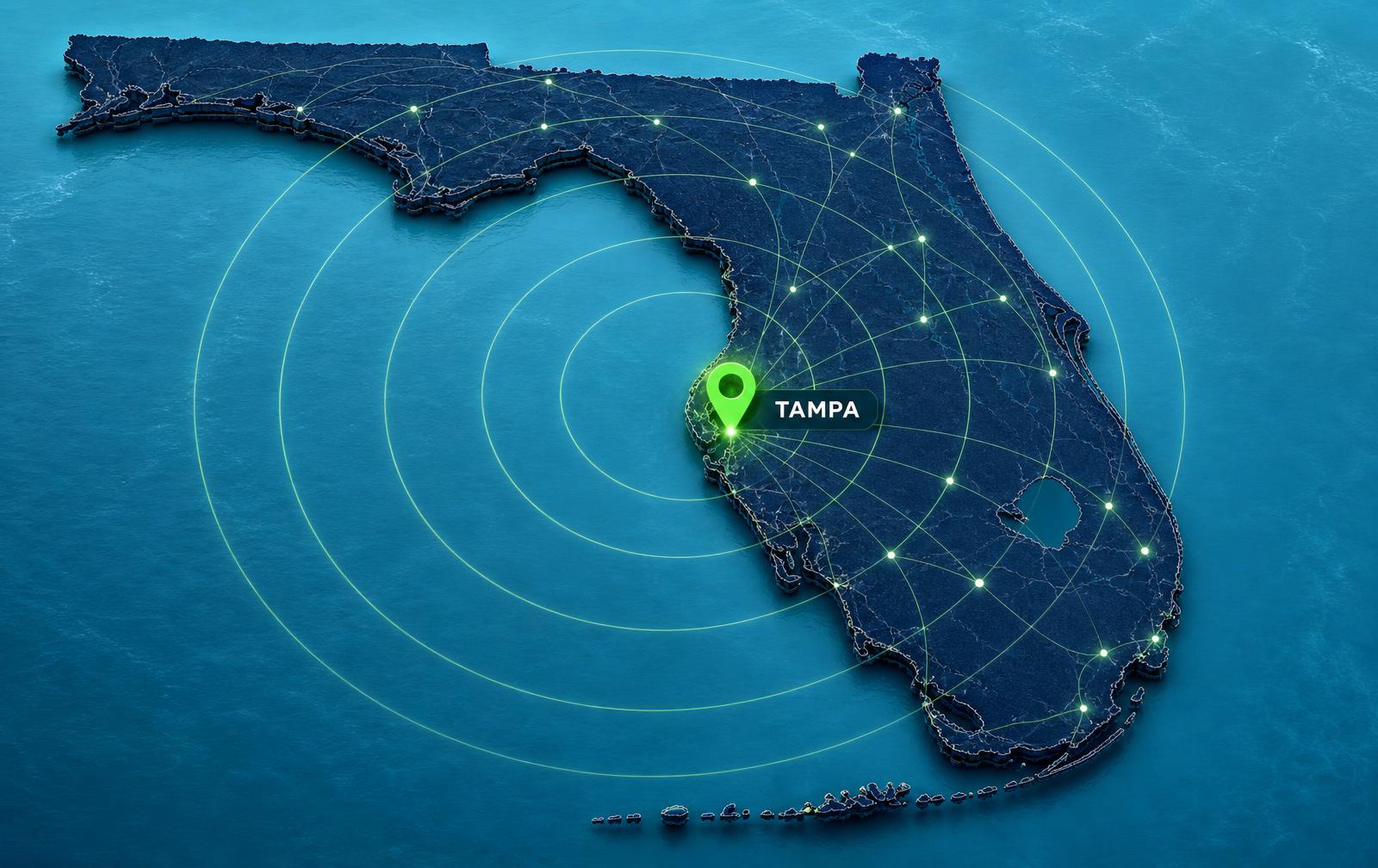 Map of the state of Florida with Tampa highlighted, showing statewide service coverage