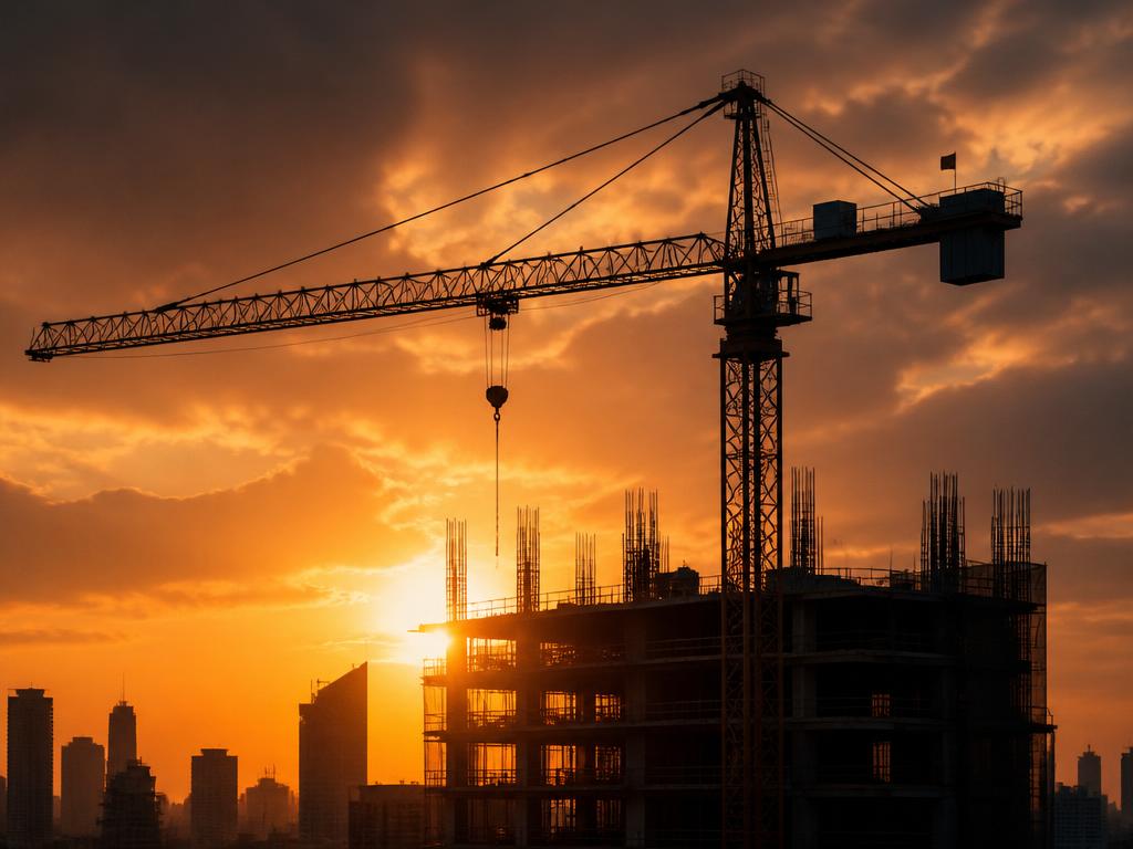 Tower crane on a construction site at sunset